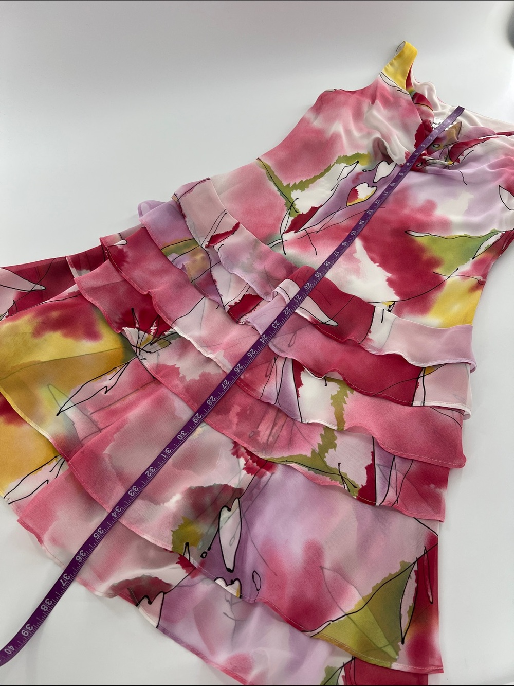 Joseph Ribkoff Pink Floral Tiered Chiffon Cowl Neck Dress 90s fairy whimsical - Picture 10 of 13